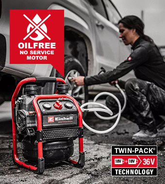 Oil-free, service-free pump
for minimal maintenance. Einhell Professional SILENZZO 36/210 36v Twin-Pack Cordless Air Compressor Oil-free 8 bar