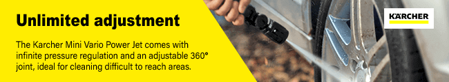 Unlimited adjustment
The Karcher Mini Vario Power Jet
comes with infinite pressure regulation
and an adjustable 360° joint, ideal for
cleaning difficult to reach areas. For use
with K2 - K7 pressure washers. Karcher VP160 Mini Vario Power Jet