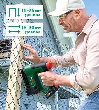 Bosch AdvancedTacker 18V-25
Versatile 2-in-1 side-loading
magazine accepts narrow crown
staples (12–25mm) and brad
nails (15–30mm). Bosch AdvancedTacker 18V-25 18v Cordless Versatile 2in1 side-loading magazine narrow crown staples brad nails