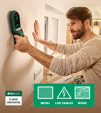 Detection of metal objects, current-carrying
wires and substructures in drywalls. Bosch UniversalDetect Cable Live Wire Pipe Metal Wood Drywall Digital Detector