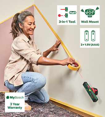 Practical 3-in-1 tool
Is versatile with a laser line for all
alignment tasks, laser point for height
transfer and spirit level functionality. Bosch UniversalWallLevel Laser Spirit Level 0603663jz0 Wall mount