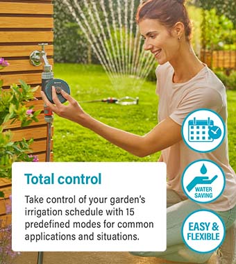 Water control timer for setting
predetermined watering programs
from an outdoor tap. Gardena 1896-28 Water Control Easy garden irrigation timer