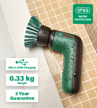 Full scrubbing power for easy cleaning of
different dirt levels
High cleaning power even with applied pressure due
to powerful motor
Versatile for many cleaning jobs thanks to a wide
range of different available accessories
Waterproof design due to IPX5 splash
water protection
Scrubs different kinds of surfaces, e.g. bathroom
tiles, kitchen stove, pots and pans
Cordless tool with Li-ion battery, rechargeable
via Micro USB cable Bosch UniversalBrush Cordless Scrubbing Cleaning Brush IPX5 splash water protection
