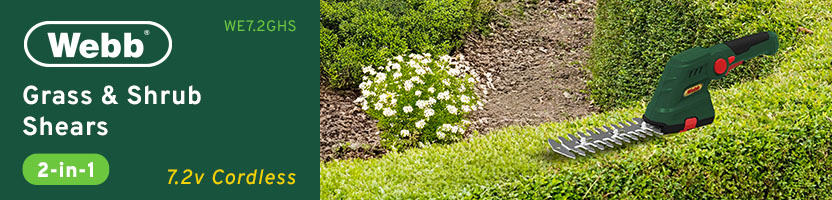 Webb WE7.2GHS
7.2v Cordless
Grass and Hedge Shears Webb WE7.2GHS 7.2v Cordless Grass Shrub Shears 2-in-1