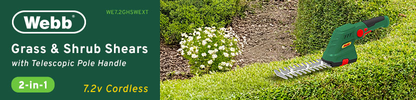 Webb WE7.2GHSWEXT
7.2v Cordless
Grass and Hedge Shears
with Extension Handle Webb WE7.2GHSWEXT 7.2v Cordless Grass Shrub Shears 2-in-1 Telescopic Pole Handle