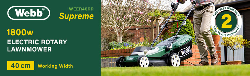 Webb WEER40RR Classic Supreme
Electric Rotary Lawnmower with Rear Roller 400mm Webb WEER40RR Classic Supreme Electric 1800W motor Rotary Lawnmower Rear Roller