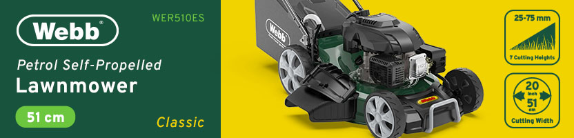Webb WER510ES Classic
Self-Propelled Petrol Electric Start
Rotary Lawnmower 510mm Webb WER510ES Classic Self-Propelled Petrol Rotary Lawnmower