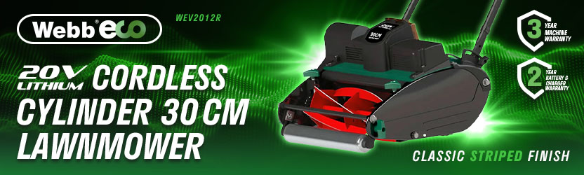 Webb Eco WEV2012R 20V Lithium Cordless Cylinder Lawnmower – 30cm Webb Eco WEV2012R 20V Lithium cordless cylinder lawnmower with 30cm cutting width for a classic striped finish