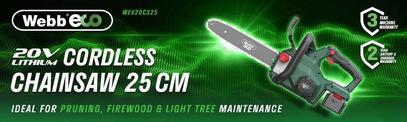 Webb Eco WEV20CS25 20V Lithium Cordless Chainsaw – 25cm Bar Webb Eco WEV20CS25 20V cordless chainsaw with 25cm bar, ideal for pruning, firewood and light tree maintenance