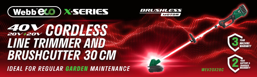 Webb X-Series WEV20X2BC 40V Brushless Line Trimmer & Brushcutter – 30cm Webb X-Series WEV20X2BC 40V (2 x 20V) brushless cordless line trimmer and brushcutter with 30cm cutting width for regular garden maintenance