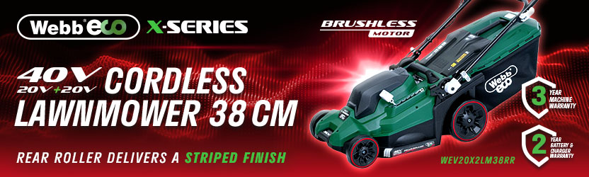 Webb X-Series WEV20X2LM38RR 40V Brushless Cordless Lawnmower – 38cm, rear roller Webb X-Series WEV20X2LM38RR 40V (2 x 20V) brushless cordless lawnmower with 38cm cutting width and rear roller for a striped finish