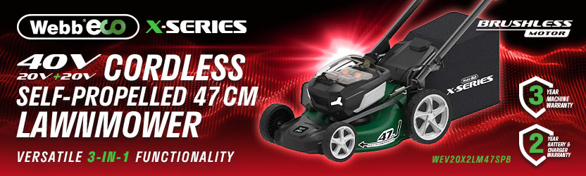 Webb X-Series WEV20X2LM47SPB 40V Brushless Cordless Self-Propelled Lawnmower – 47cm, 3-in-1 functionality Webb X-Series WEV20X2LM47SPB 40V (2 x 20V) brushless cordless self-propelled lawnmower with 47cm cutting width and 3-in-1 functionality