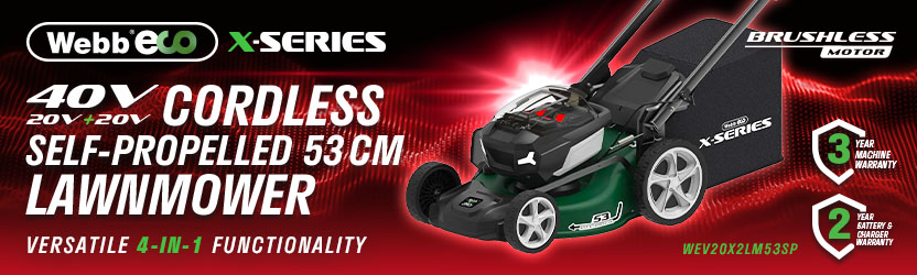 Webb X-Series WEV20X2LM53SP 40V Brushless Cordless Self-Propelled Lawnmower – 53cm, 4-in-1 functionality Webb X-Series WEV20X2LM53SP 40V (2 x 20V) brushless cordless self-propelled lawnmower with 53cm cutting width and 4-in-1 functionality