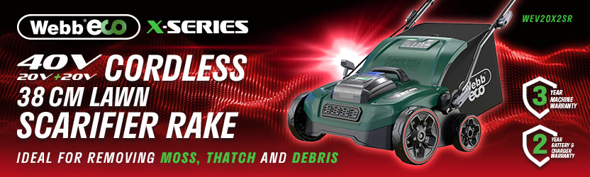 Webb X-Series WEV20X2SR 40V Cordless 38cm Lawn Scarifier Rake – 3 Year Warranty Webb X-Series WEV20X2SR 40V (20V+20V) cordless 38cm lawn scarifier rake for removing moss, thatch and debris, with 3-year machine warranty