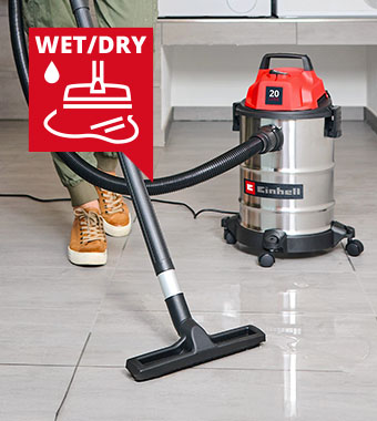 The wet-dry vacuum cleaner is
provided with a large, stainless steel
container with a volume of 20 litres. Einhell TC-VC 2045 S Wet-Dry Vacuum Cleaner Stainless steel tank 20L