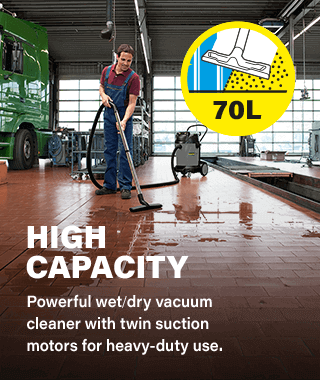 70 Litre Wet-Dry High Capacity
Powerful wet/dry vacuum cleaner with
twin suction motors for heavy-duty use. Karcher NT702 Wet Dry Vacuum Cleaner