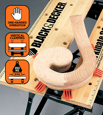 BLACK+DECKER WM825 — One-Handed Vertical Clamping BLACK+DECKER WM825 Workmate one-handed vertical clamping of irregular shapes, 250kg max load