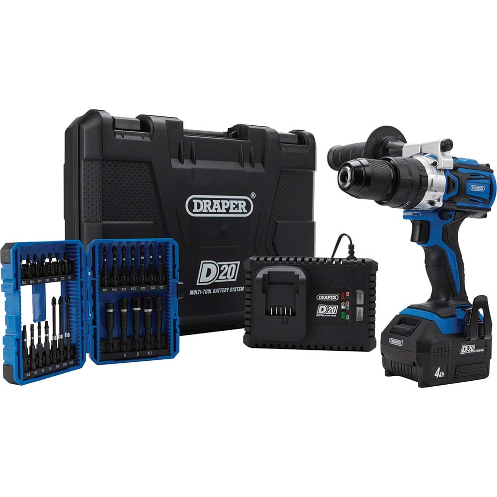 Image of Draper PTKD20/OCT/1 D20 20v Cordless Brushless Combi Drill Kit 1 x 4ah Li-ion Charger Case & Accessories