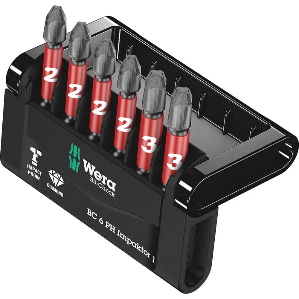 Image of Wera Impaktor 6 Piece Bit-Check Impact Phillips Screwdriver Bit Set