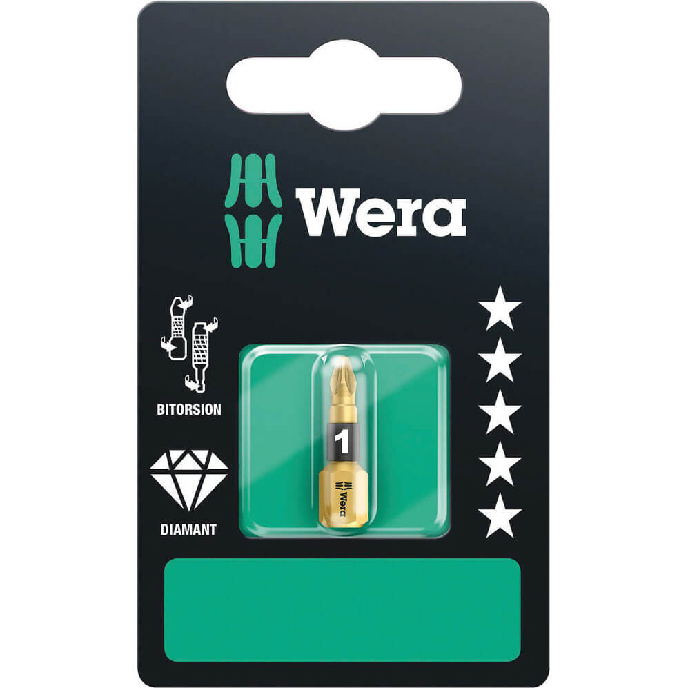Image of Wera BiTorsion Diamond Pozi Screwdriver Bits PZ1 25mm Pack of 1