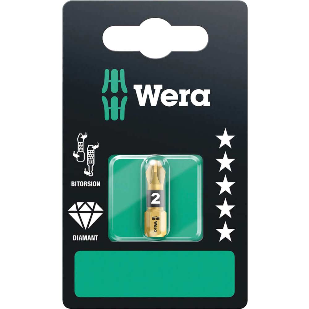 Image of Wera BiTorsion Diamond Pozi Screwdriver Bits PZ2 25mm Pack of 1