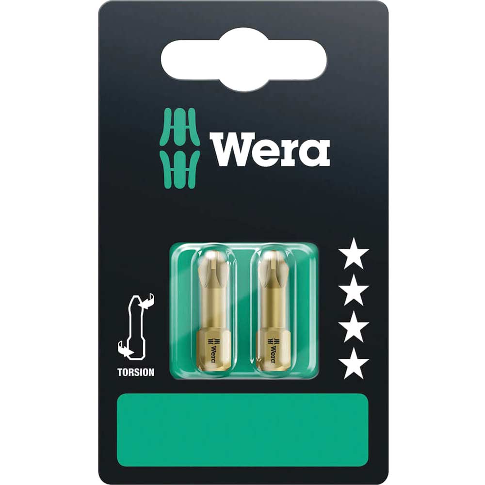 Image of Wera Torsion Extra Hard Pozi Screwdriver Bits PZ2 25mm Pack of 2