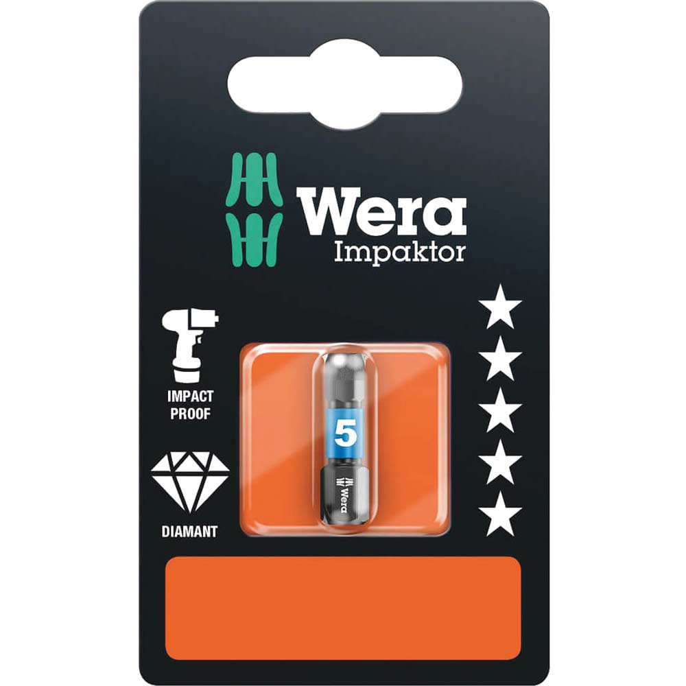 Wera 840/1 Impaktor Hexagon Screwdriver Bits 5mm 25mm Pack of 1