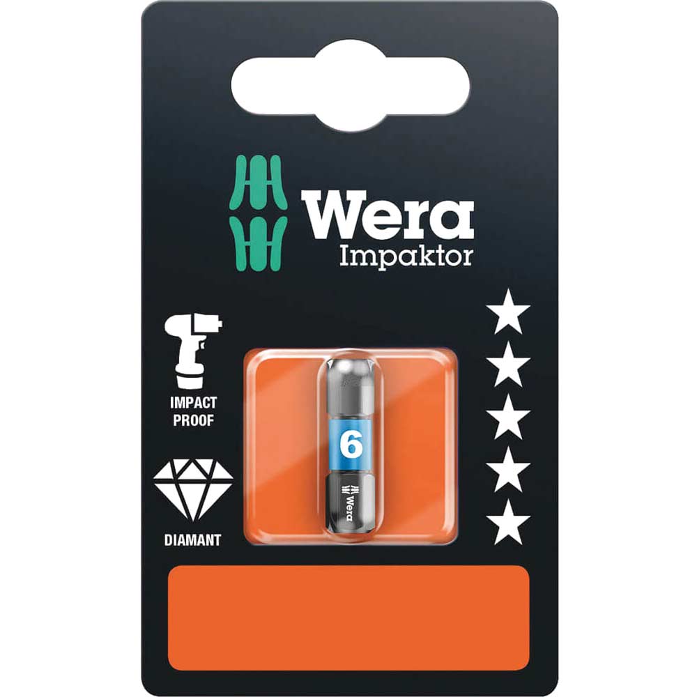 Wera 840/1 Impaktor Hexagon Screwdriver Bits 6mm 25mm Pack of 1
