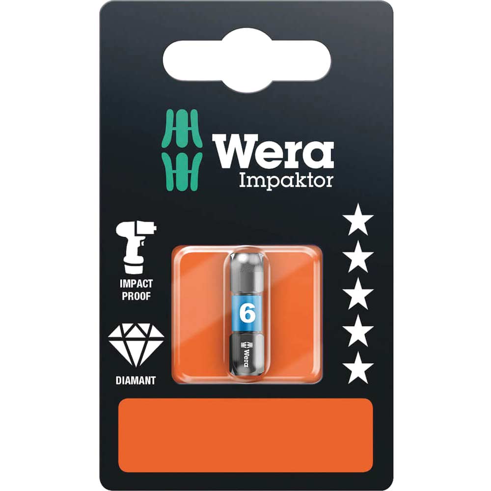 Image of Wera Impaktor Hexagon Screwdriver Bits 6mm 25mm Pack of 1