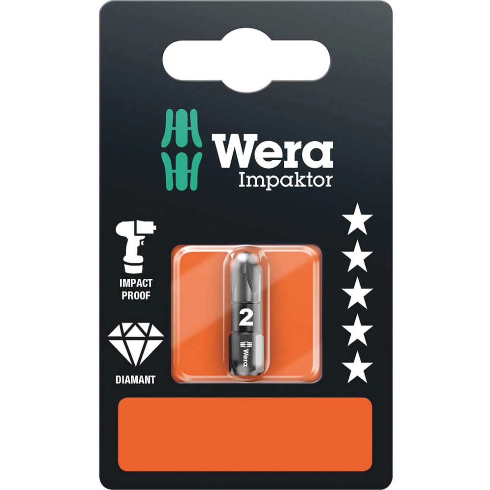 Image of Wera Impaktor Pozi Screwdriver Bits PZ2 25mm Pack of 1