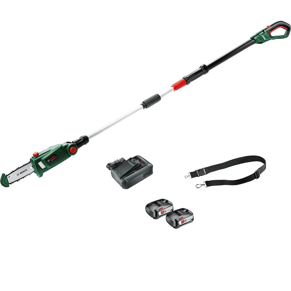 Bosch UNIVERSALCHAINPOLE P4A 18v Cordless Telescopic Pole Tree Pruner 200mm 2 x 2.5ah Li-ion Battery Charger