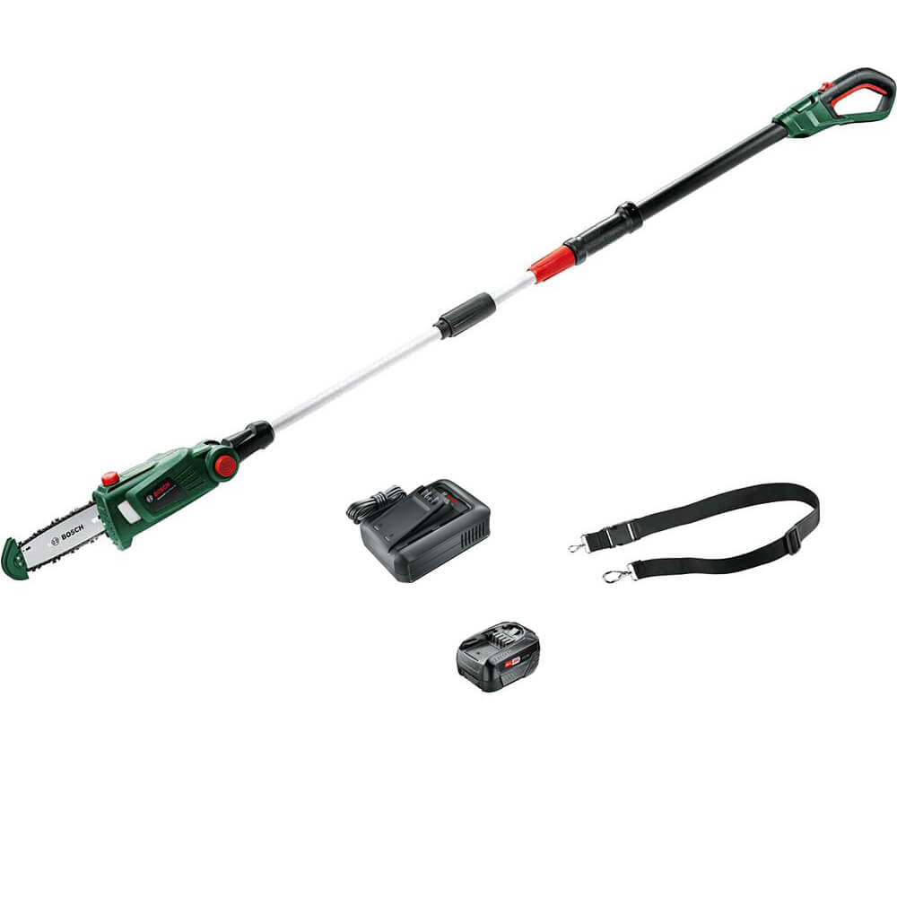 Bosch UNIVERSALCHAINPOLE P4A 18v Cordless Telescopic Pole Tree Pruner 200mm 1 x 4ah Li-ion Battery Charger
