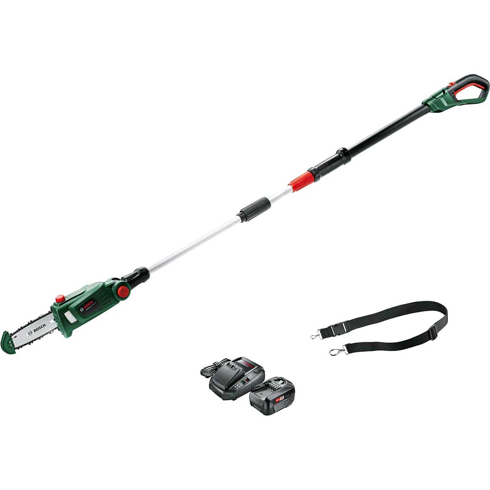 Bosch UNIVERSALCHAINPOLE P4A 18v Cordless Telescopic Pole Tree Pruner 200mm 1 x 4ah Li-ion Battery Charger