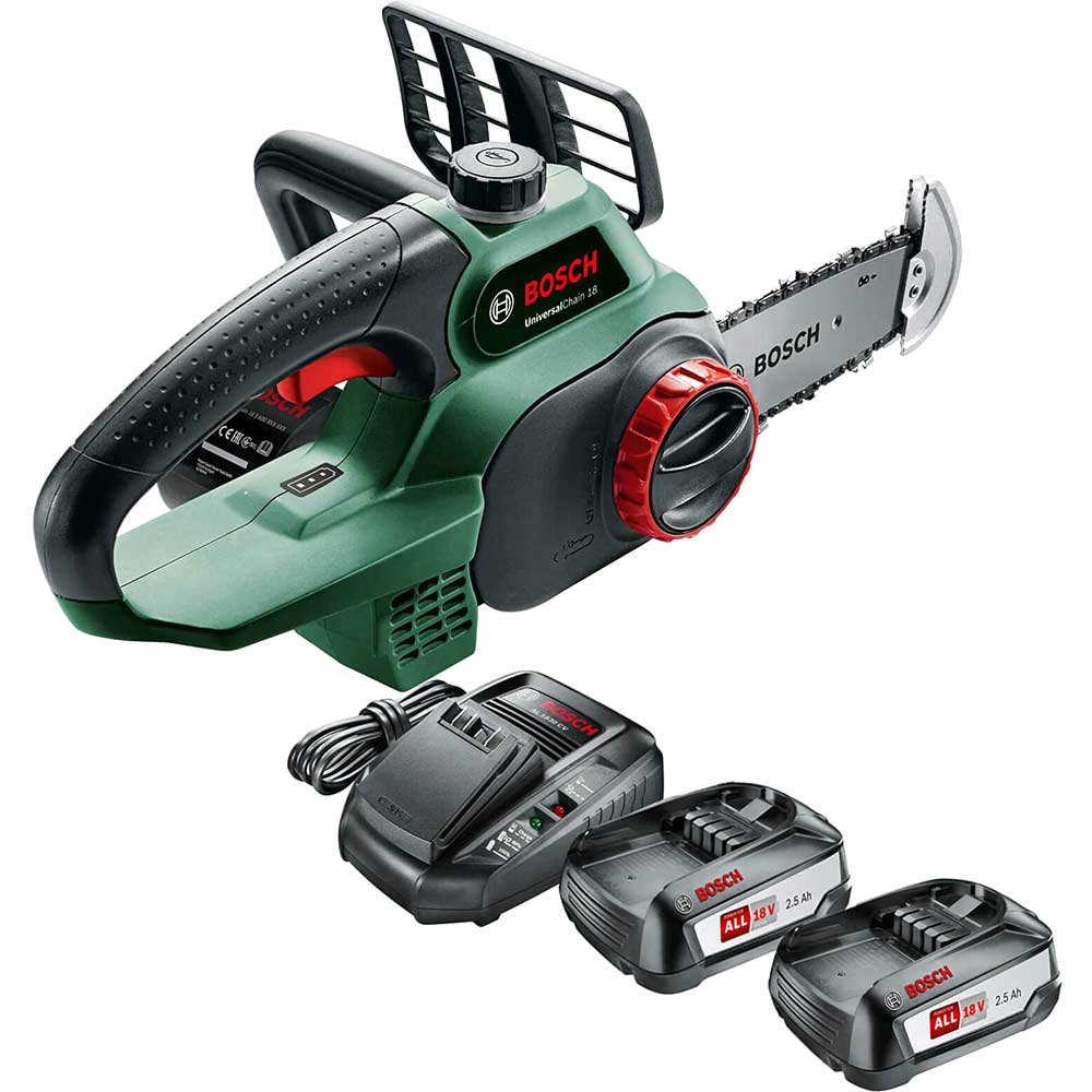 Image of Bosch UNIVERSALCHAIN 18v Cordless Chainsaw 200mm 2 x 2.5ah Li-ion Charger