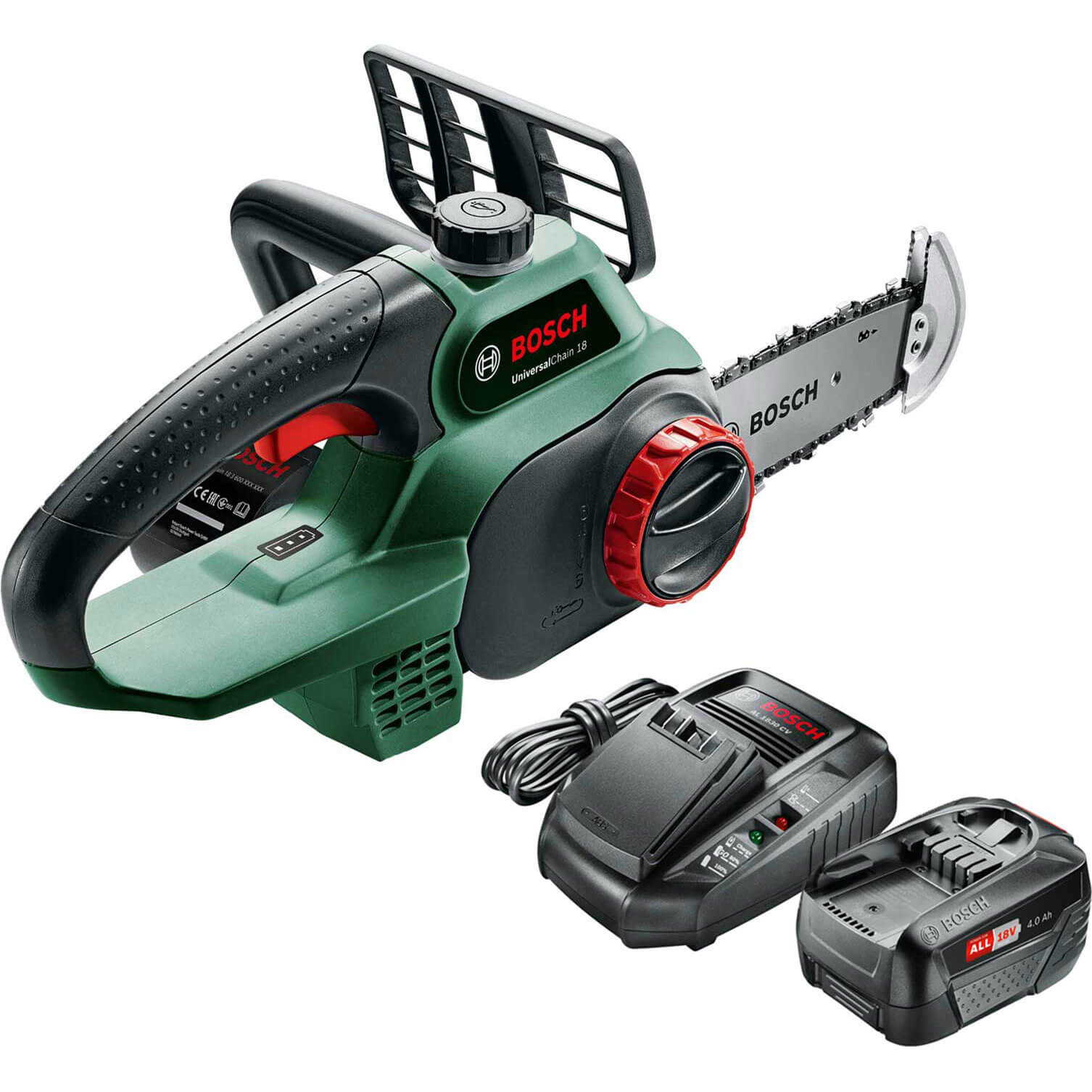 Image of Bosch UNIVERSALCHAIN 18v Cordless Chainsaw 200mm 1 x 4ah Li-ion Charger