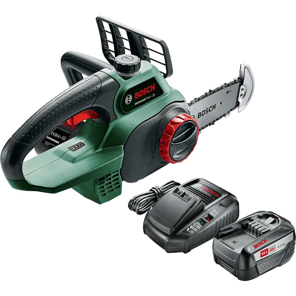 Bosch UNIVERSALCHAIN P4A 18v Cordless Chainsaw 200mm 1 x 6ah Li-ion Battery Charger