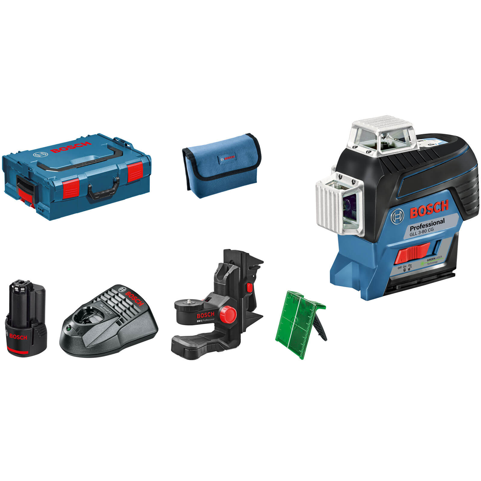 Image of Bosch GLL 3-80 CG 12v Cordless Connected Green Line Laser Level 1 x 2ah Li-ion Charger Case