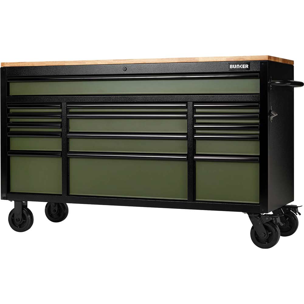 Bunker 15 Drawer Workbench Tool Roller Cabinet Black / Green