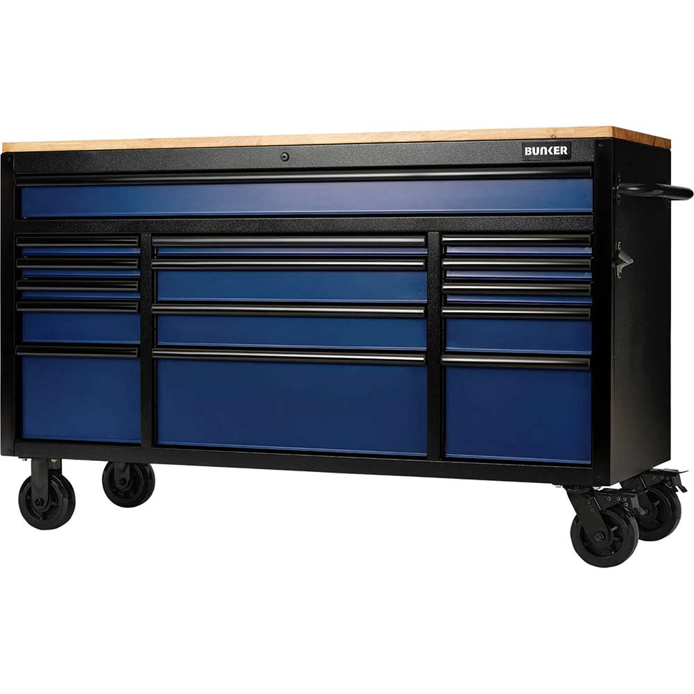Image of Bunker 15 Drawer Workbench Tool Roller Cabinet Black / Blue