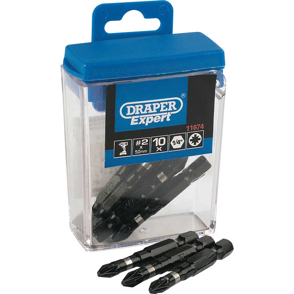 Draper Expert Pozi Impact Screwdriver Bits PZ2 50mm Pack of 10