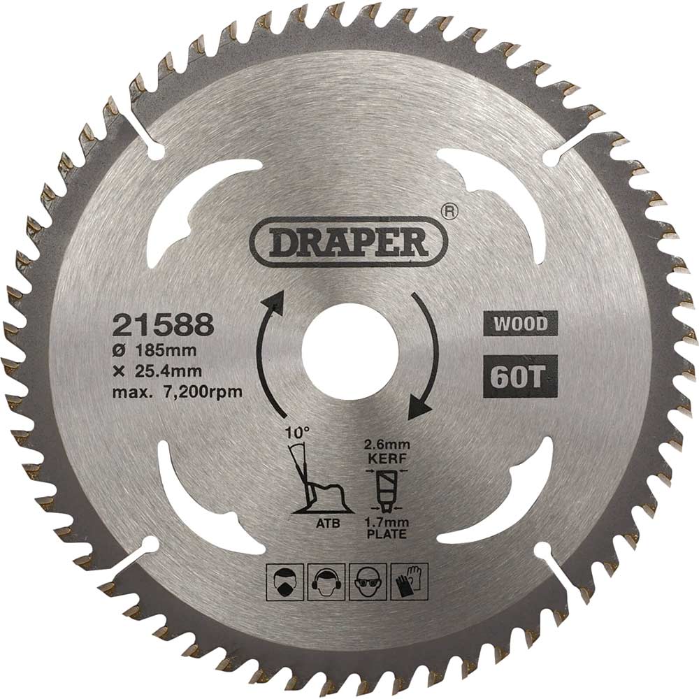 Image of Draper TCT Wood Cutting Circular Saw Blade 185mm 60T 25.4mm