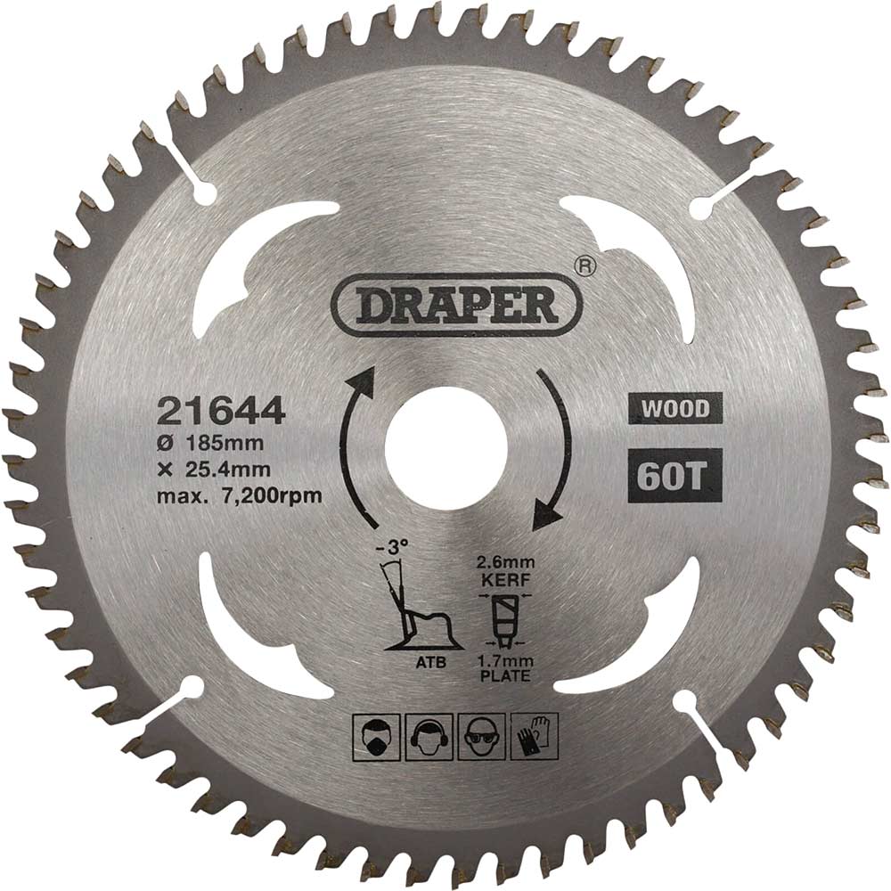 Draper TCT Laminate and Wood Cutting Circular Saw Blade 185mm 60T 25.4mm