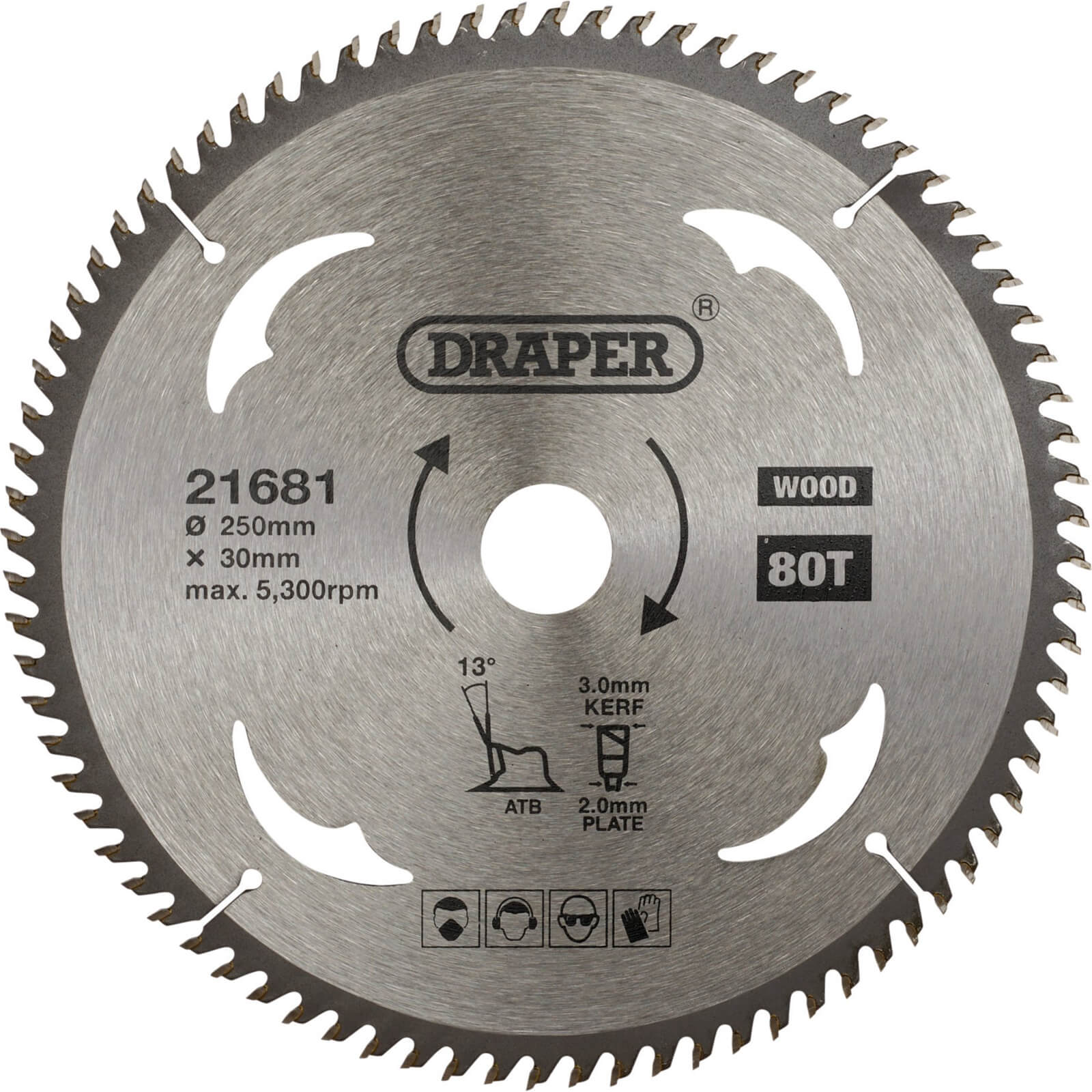 Image of Draper TCT Wood Cutting Circular Saw Blade 250mm 80T 30mm