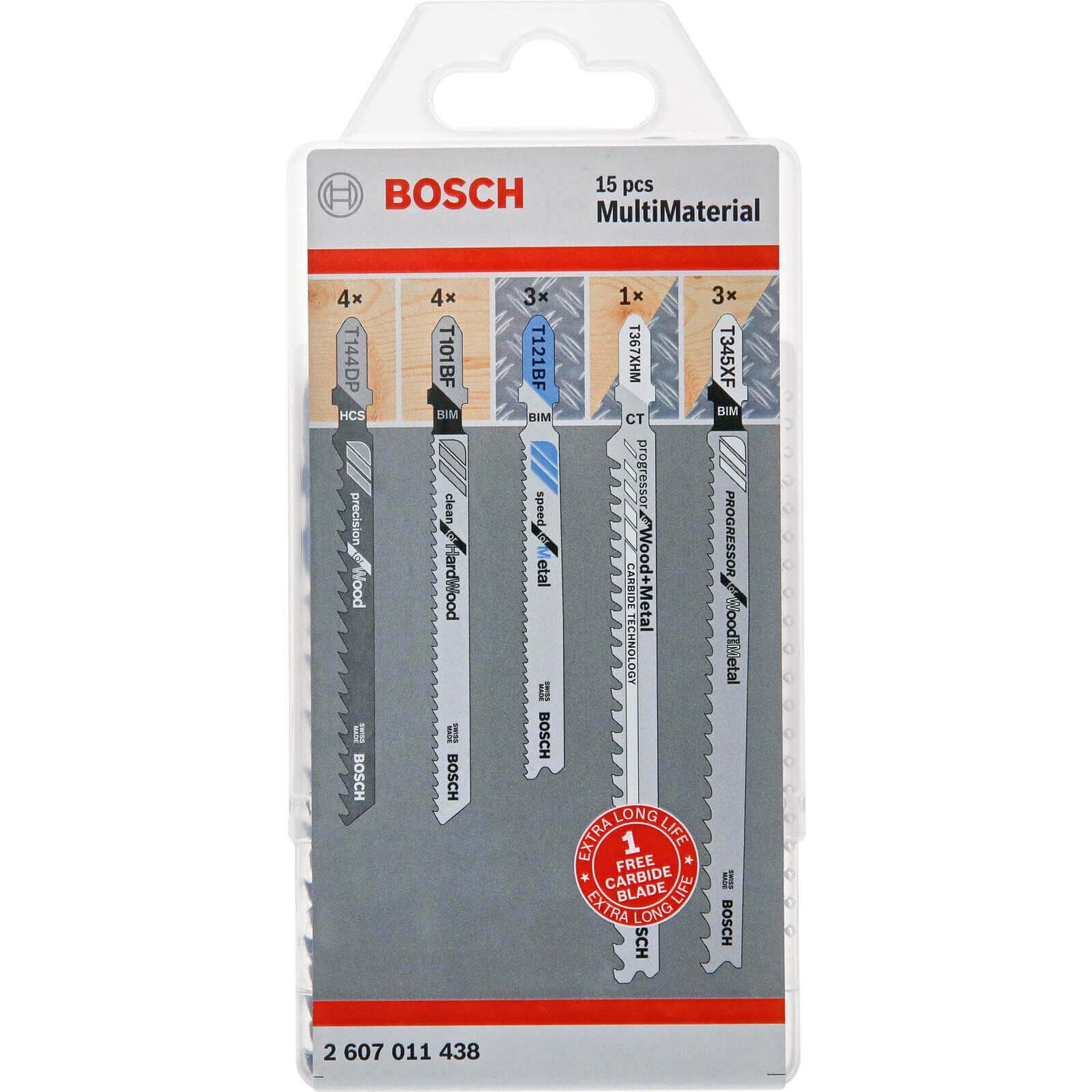 Image of Bosch 15 Piece Assorted Multi Materia Jigsaw Blades Set + FOC Carbide Blade