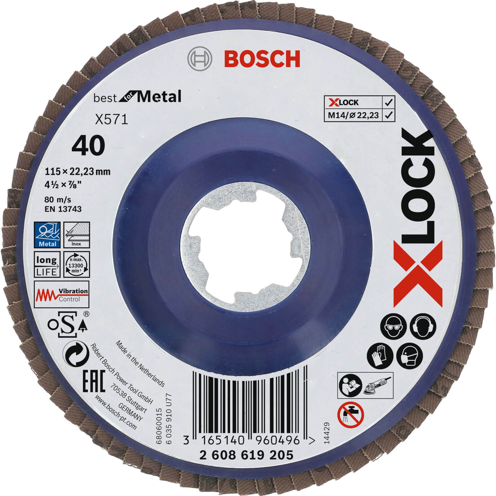 Image of Bosch X Lock Zirconium Abrasive Straight Flap Disc 115mm 40g Pack of 1