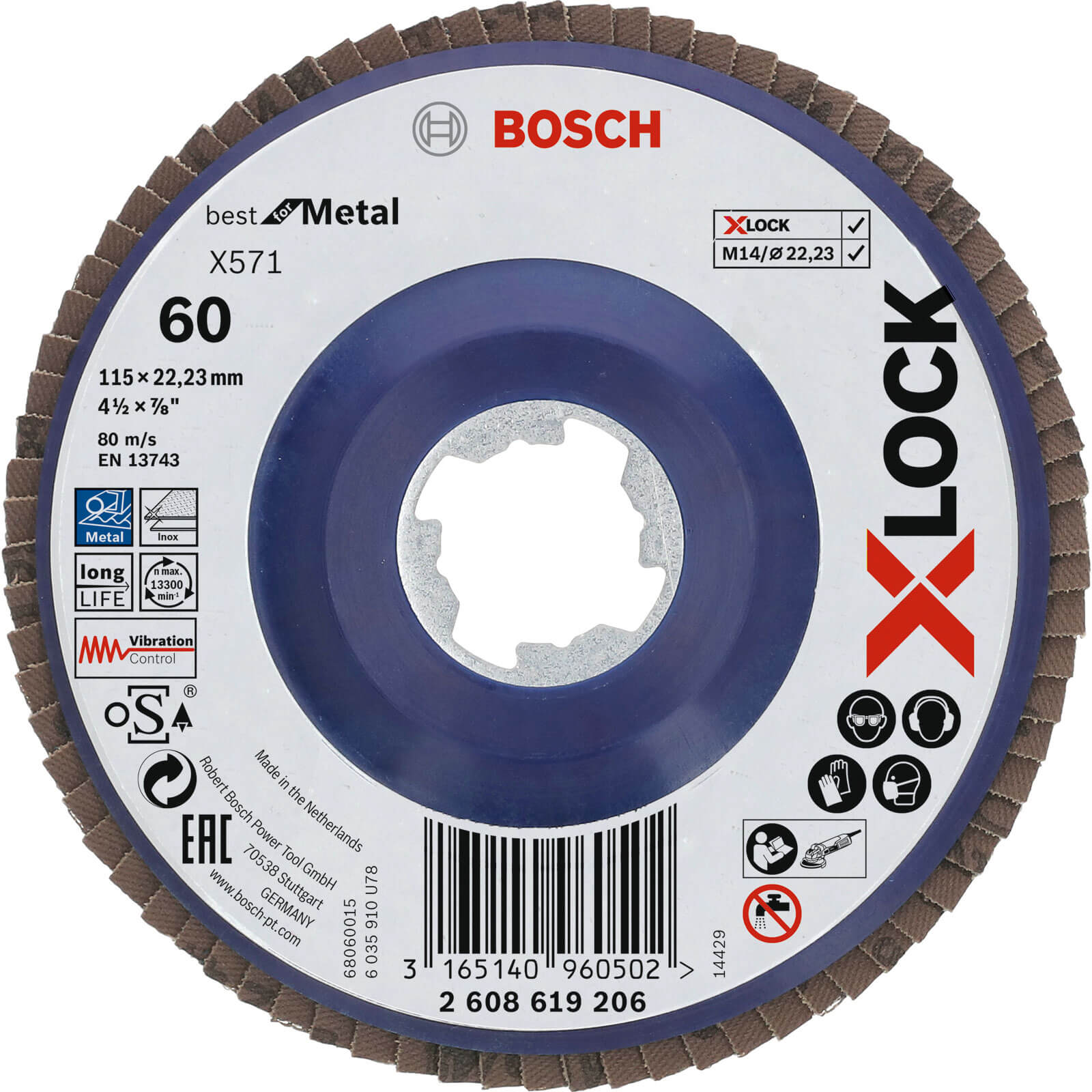 Image of Bosch X Lock Zirconium Abrasive Straight Flap Disc 115mm 60g Pack of 1