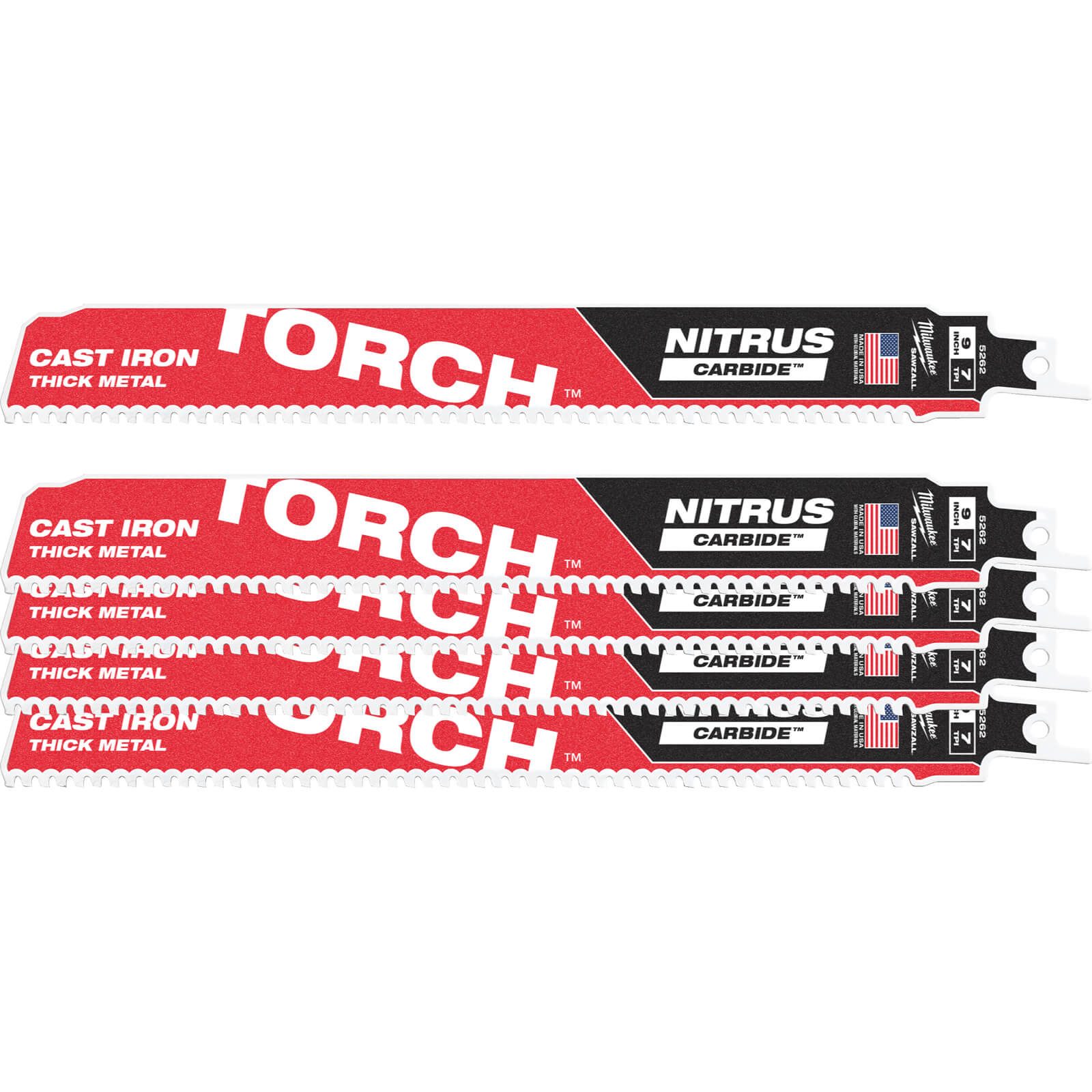 Image of Milwaukee Heavy Duty TORCH Nitrus Carbide Reciprocating Sabre Saw Blades 230mm Pack of 5