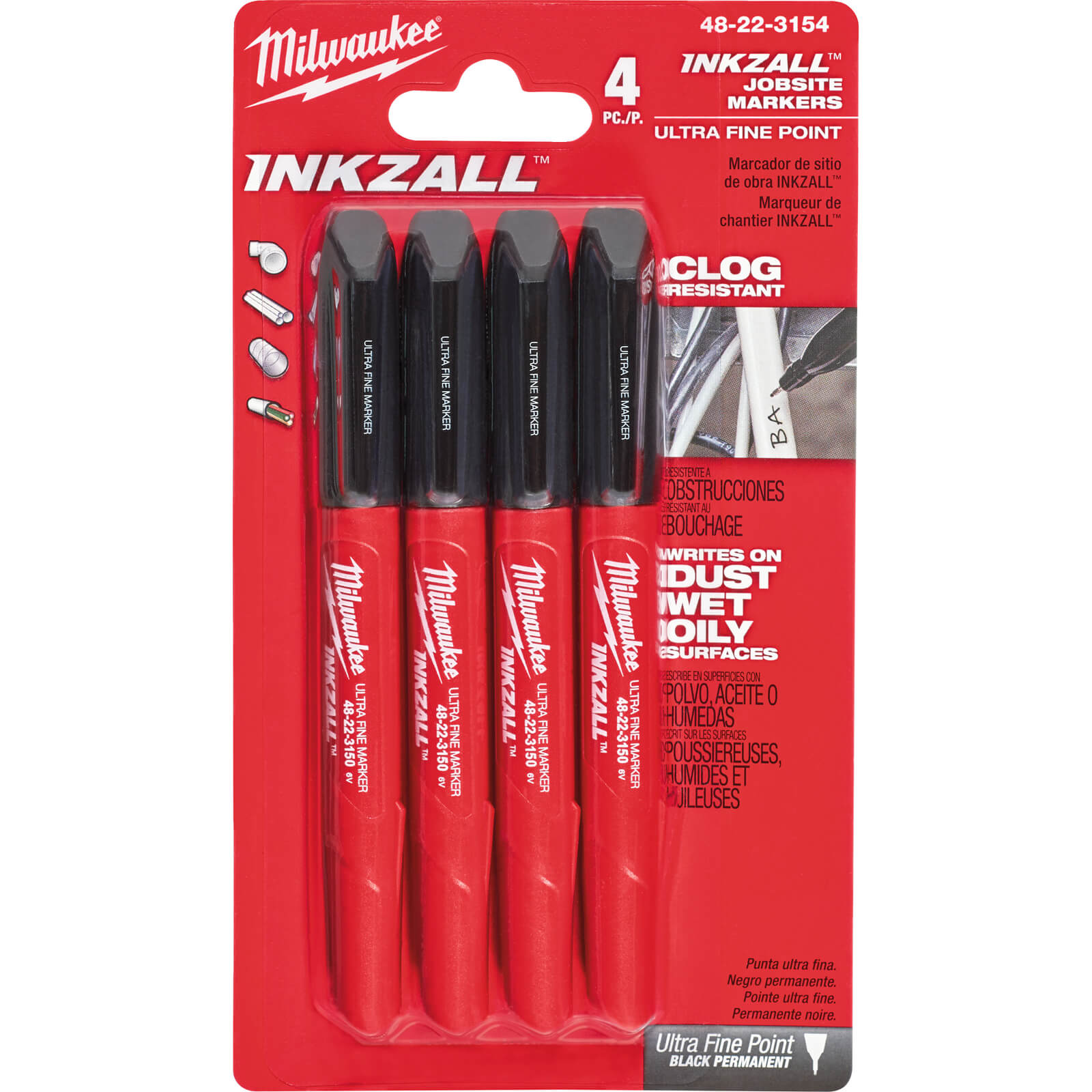 Image of Milwaukee 4 Piece Inkzall Fine Tip Marker Pens Pack of 4