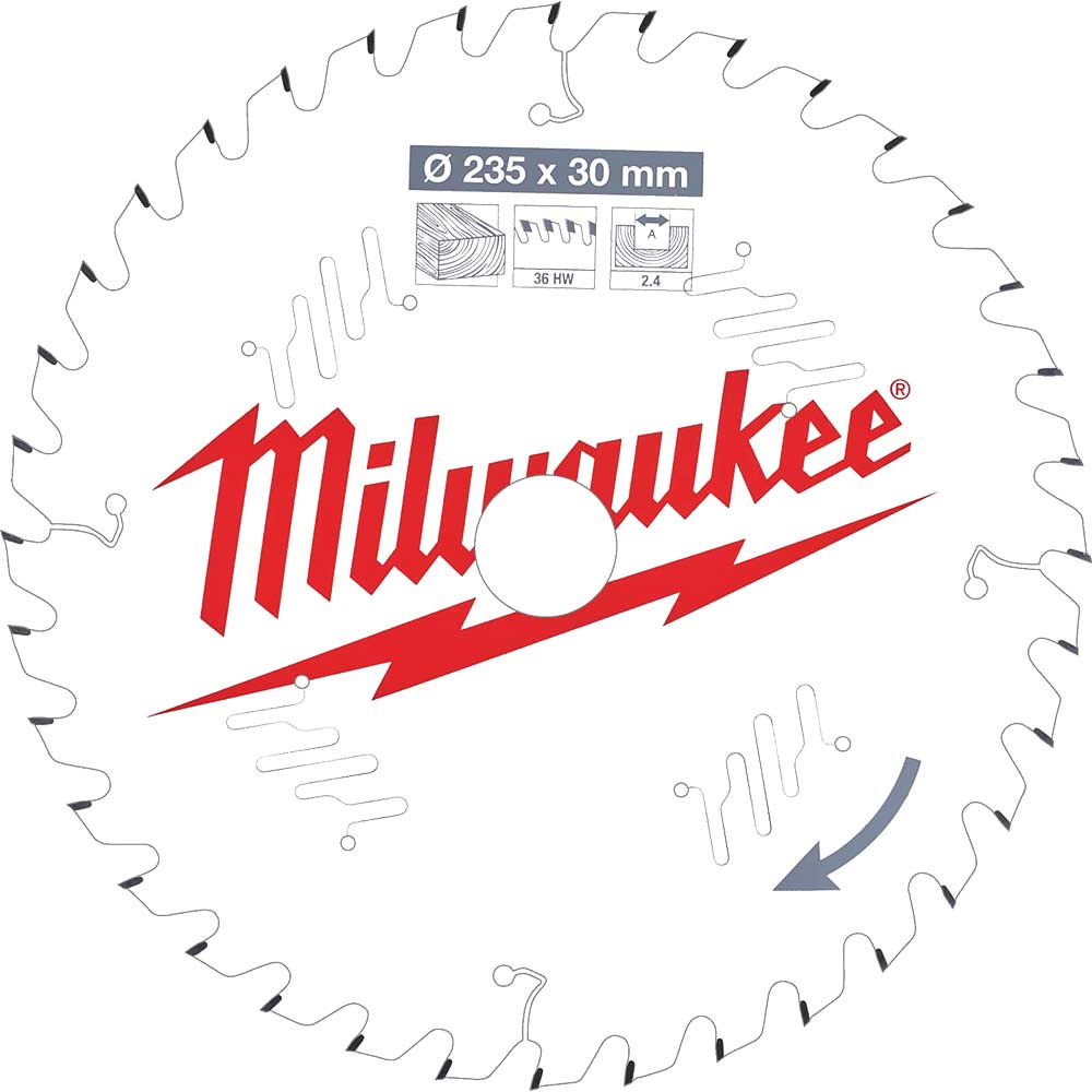 Milwaukee Thin Kerf Wood Cutting Circular Saw Blade 235mm 36T 30mm