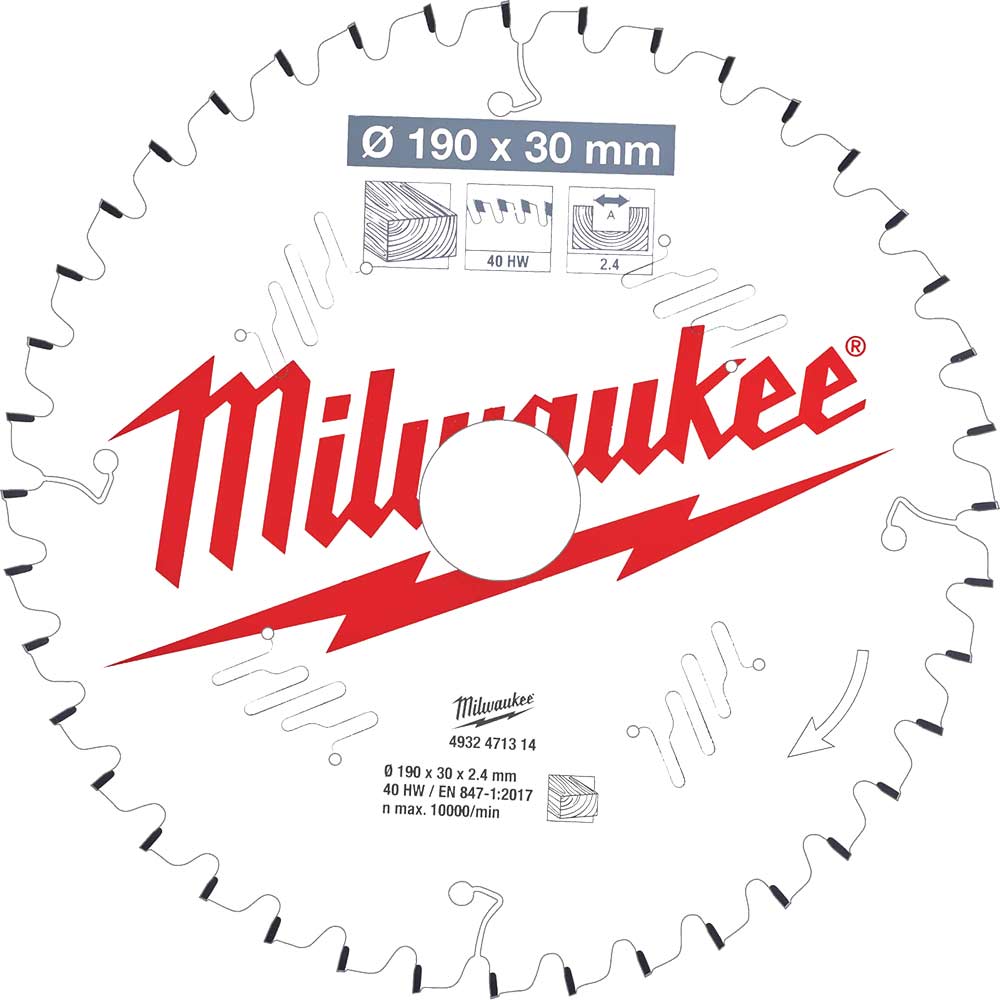 Image of Milwaukee Negative Rake Circular Mitre Saw Blade 190mm 40T 30mm